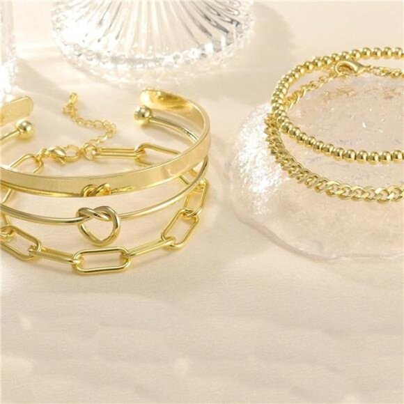 14K Gold Plated Bangle Cuff Bracelet Set for Women Bracelet Stack Adjustable - Picture 4 of 7